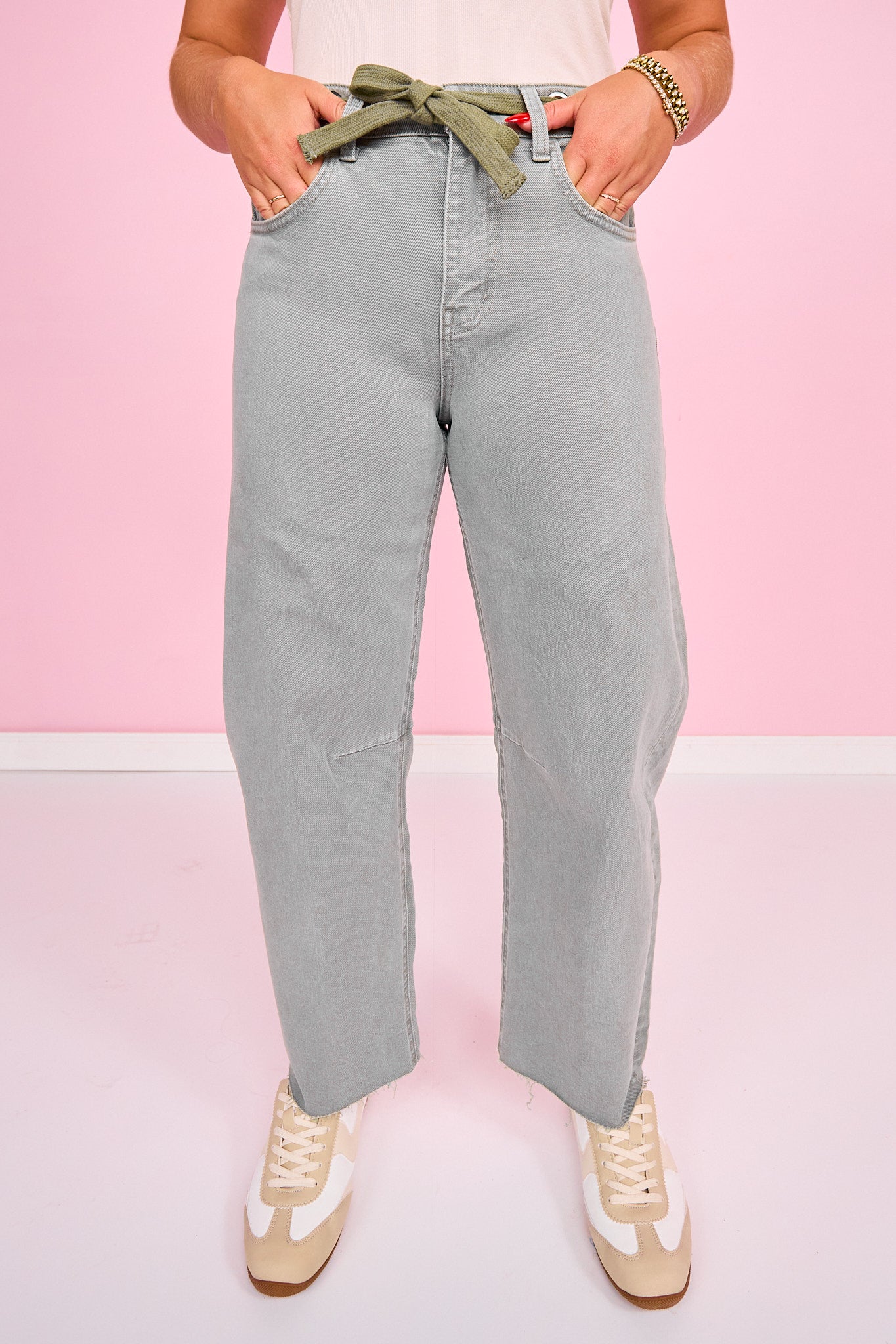 Vervet Olive Super High Rise Drawstring Wide Barrel Jeans