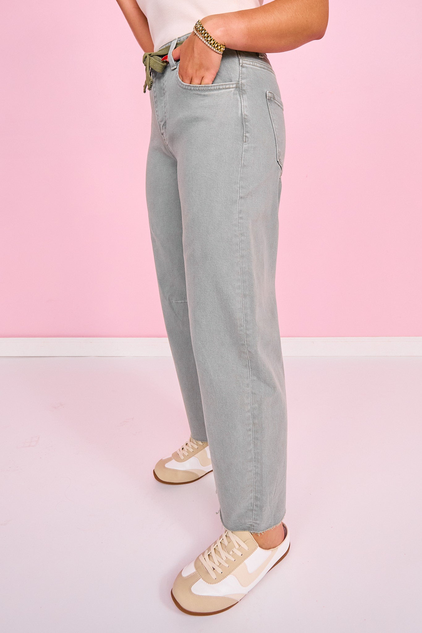 Vervet Olive Super High Rise Drawstring Wide Barrel Jeans
