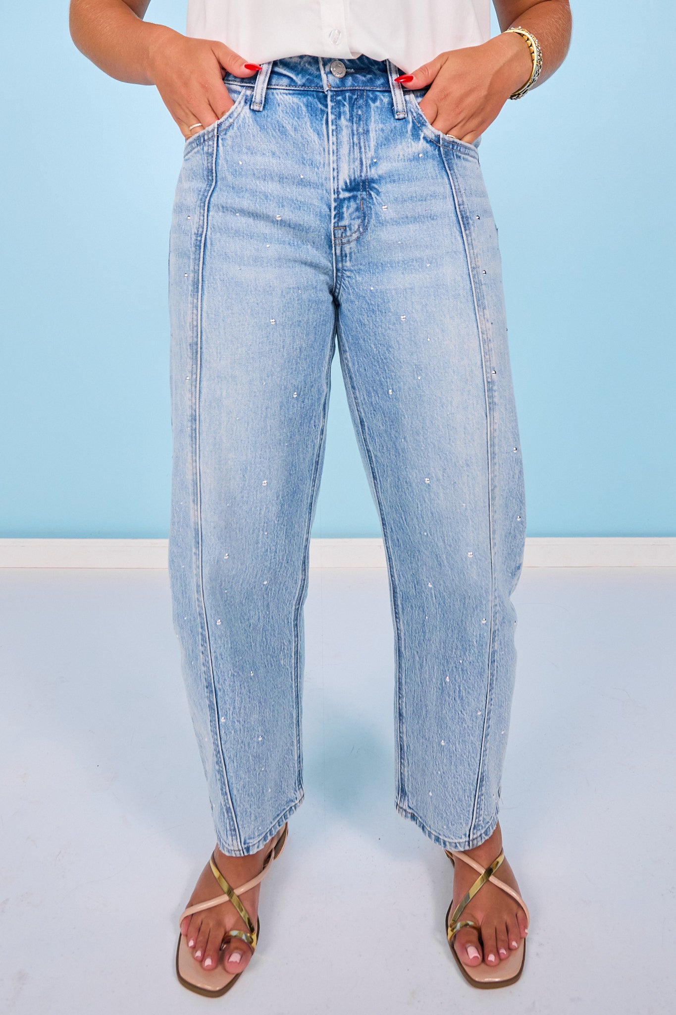 Vervet High Rise Stud Embellished Panel Barrel Jeans