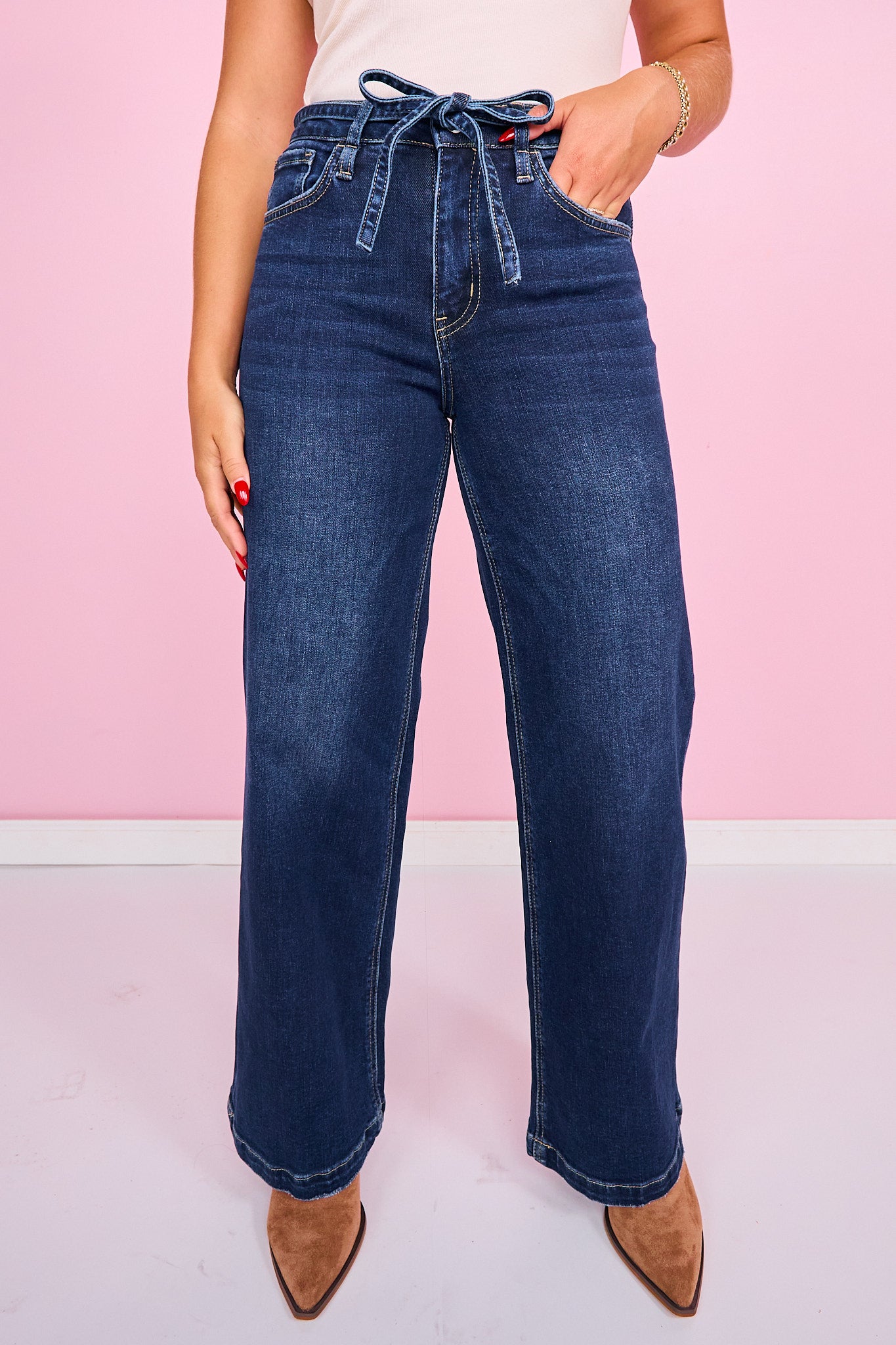 Vervet High Rise Dark Wash Waist Tie Wide Leg Jeans