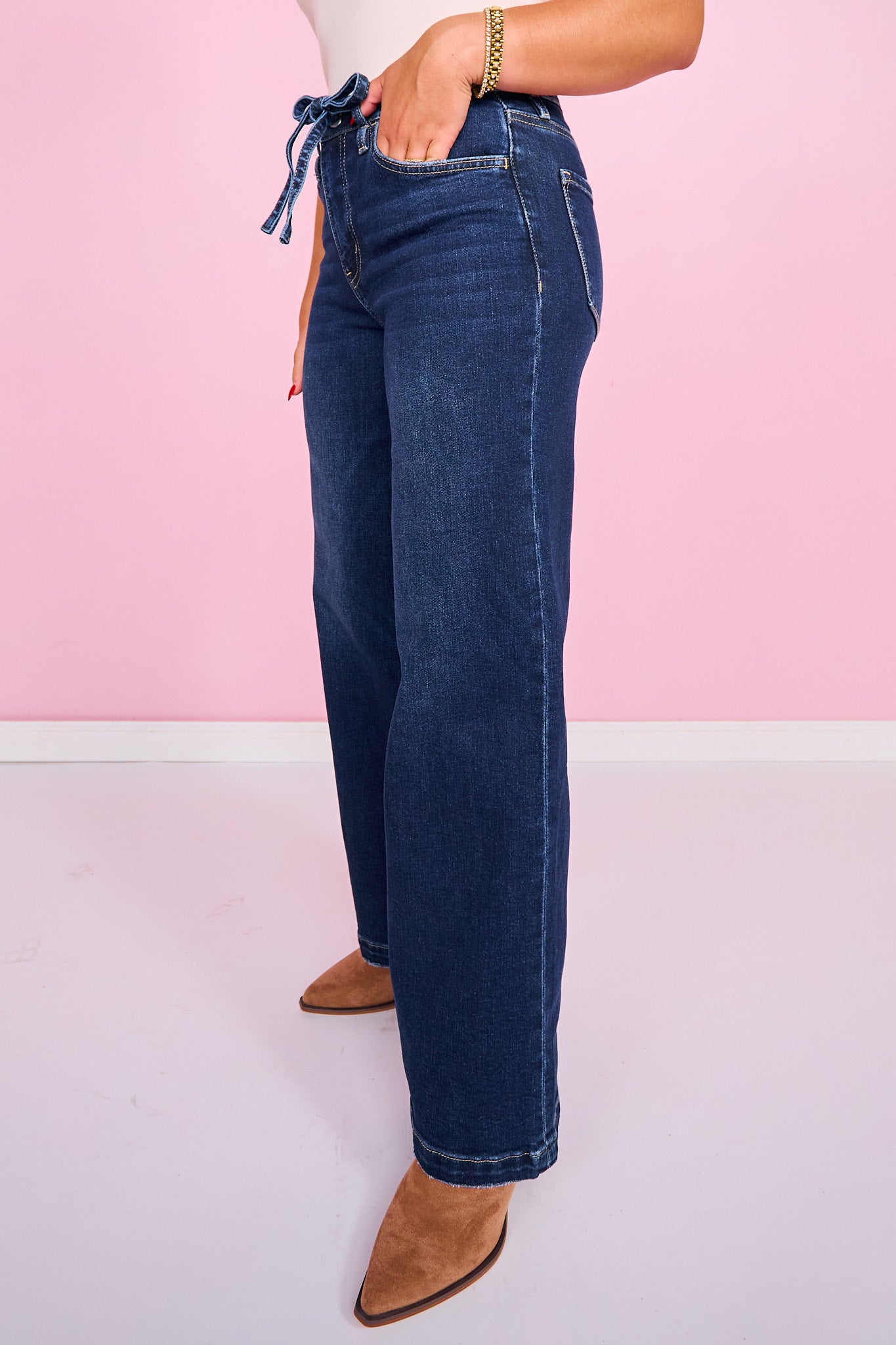 Vervet High Rise Dark Wash Waist Tie Wide Leg Jeans