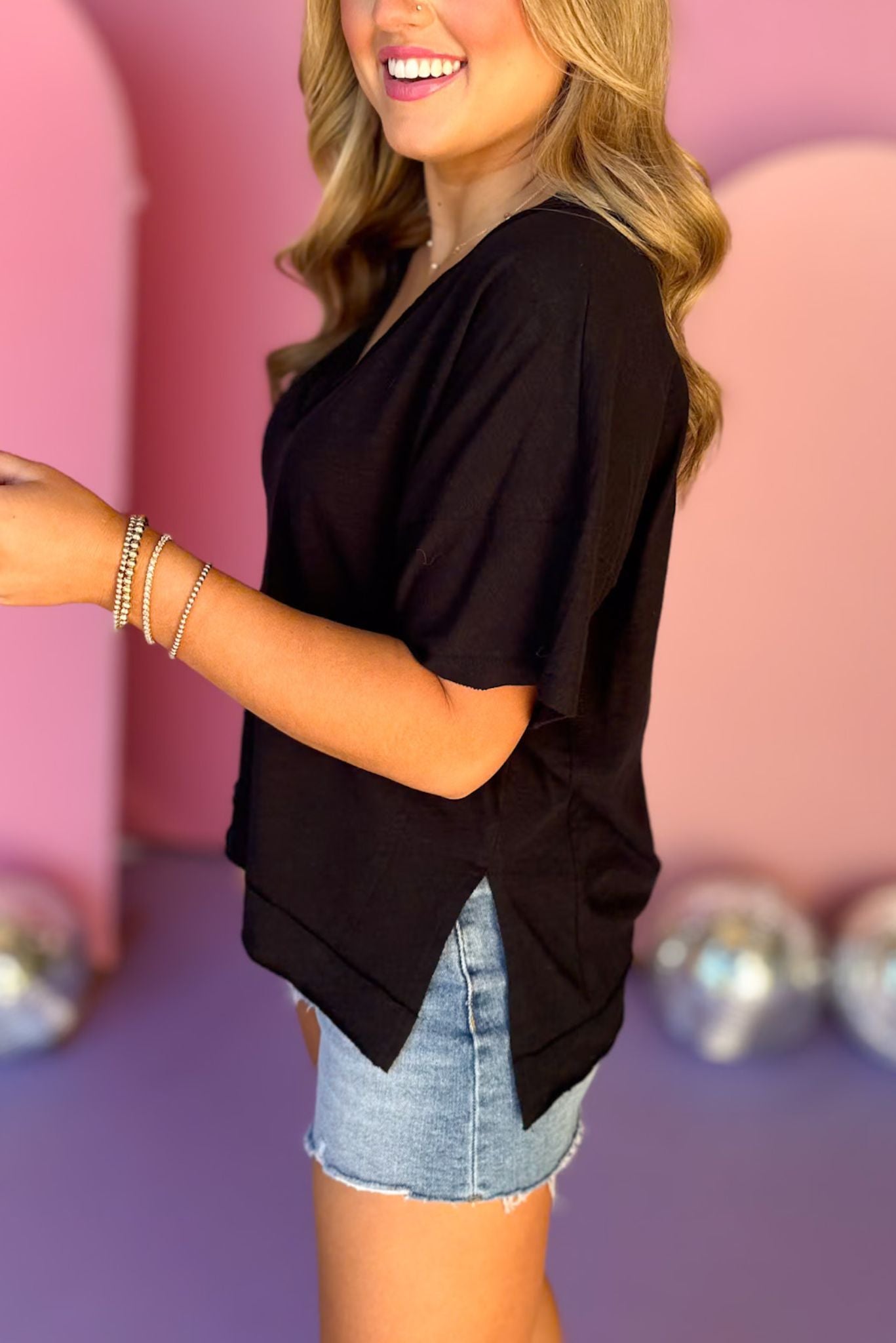 Black Raw Edge V Neck Oversized T Shirt, top, shirt, bright shirt, black shirt, must have top, elevated top, elevated style, mom style, summer style, Shop Style Your Senses by Mallory Fitzsimmons, SSYS by Mallory Fitzsimmons