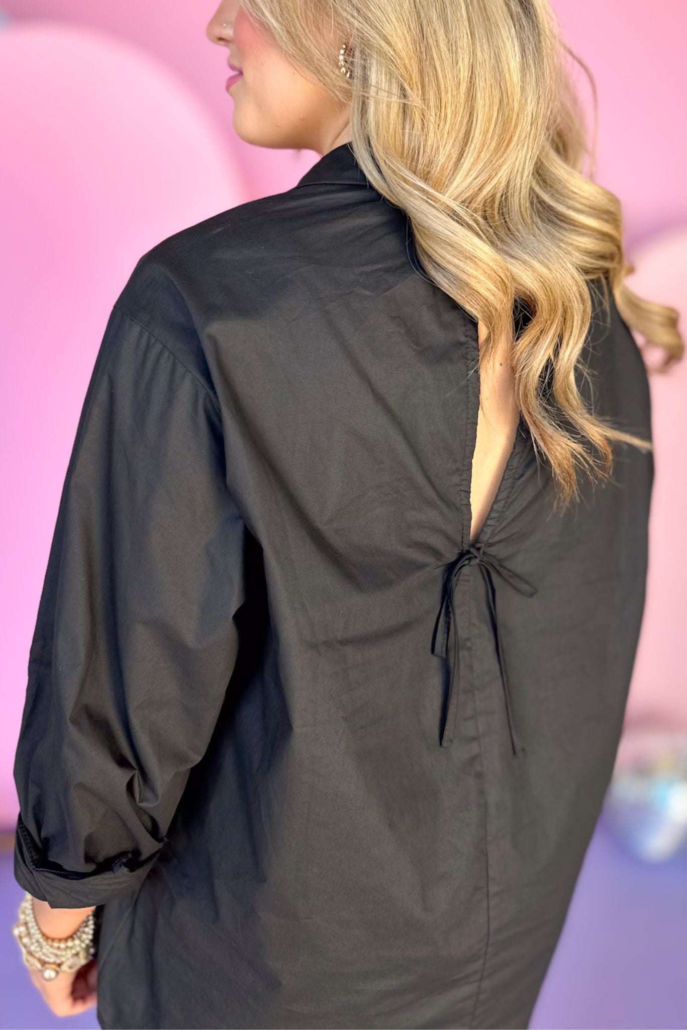 Black Oversized Collared Button Down Cut Out Back Top, top, black top, black blouse, must have top, elevated top, elevated style, summer top, summer style, Shop Style Your Senses by Mallory Fitzsimmons, SSYS by Mallory Fitzsimmons