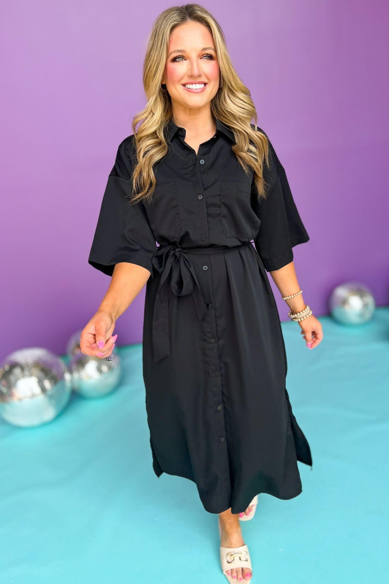 Black Collared Button Down Tie Waist Midi Shirt Dress FINAL SALE Shop Style Your Senses