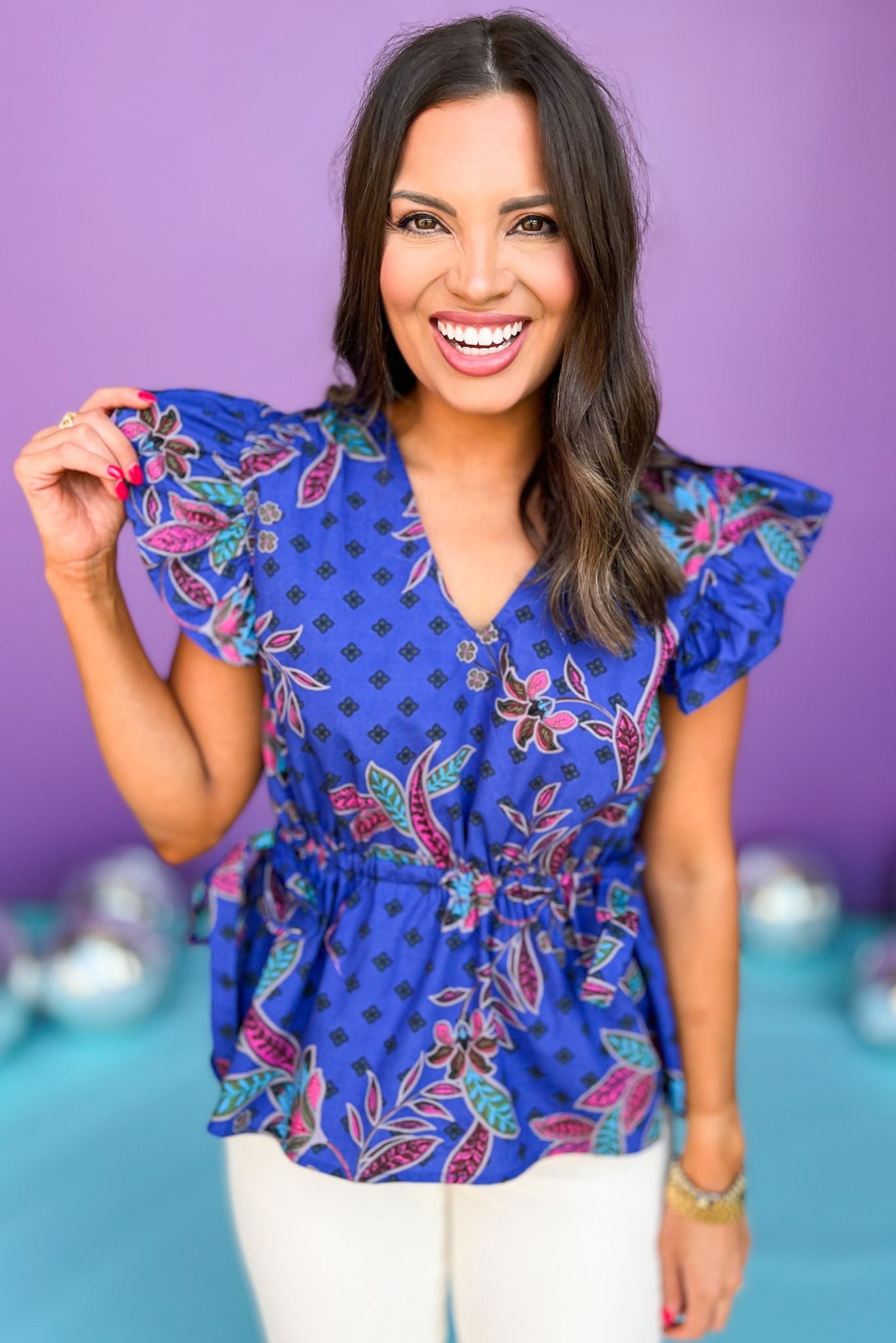 Blue Floral Printed V Neck Peplum Top FINAL SALE