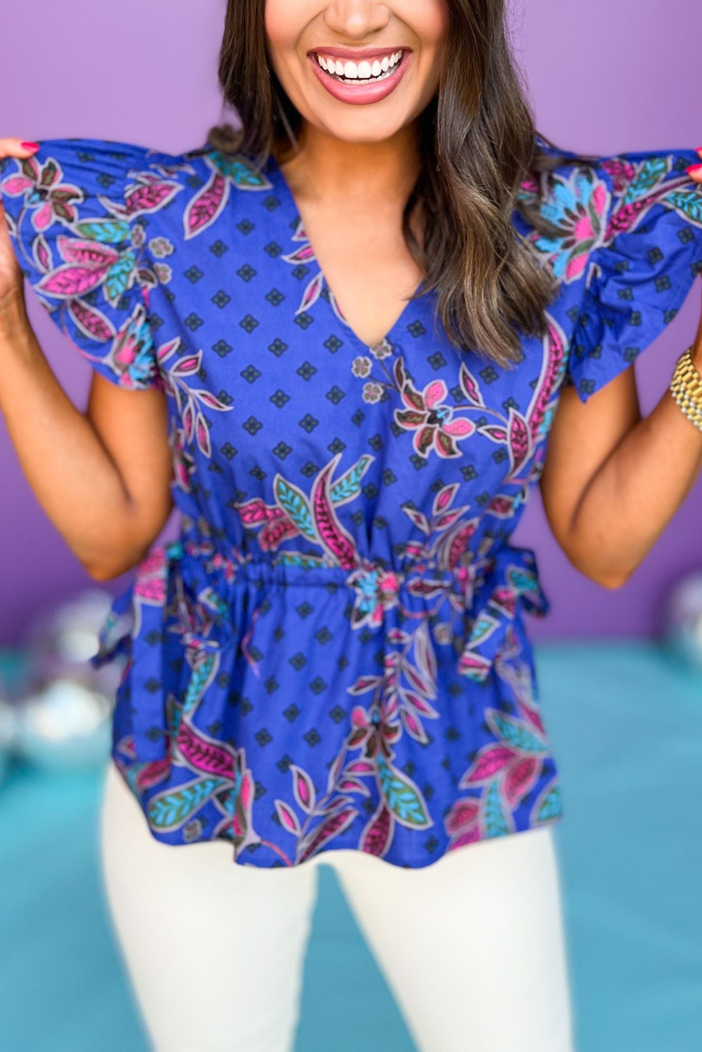 Blue Floral Printed V Neck Peplum Top, top, blue top, blue floral top, short sleeve top, short sleeve blue top, must have top, elevated top, elevated style, summer top, summer style, Shop Style Your Senses by Mallory Fitzsimmons, SSYS by Mallory Fitzsimmons