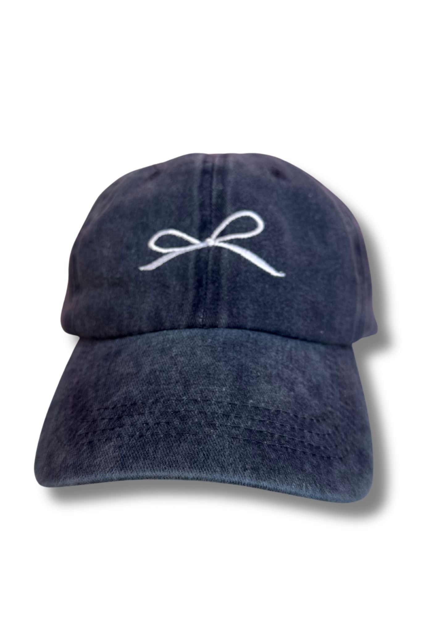 Navy Washed Ribbon Bow Embroidered Hat