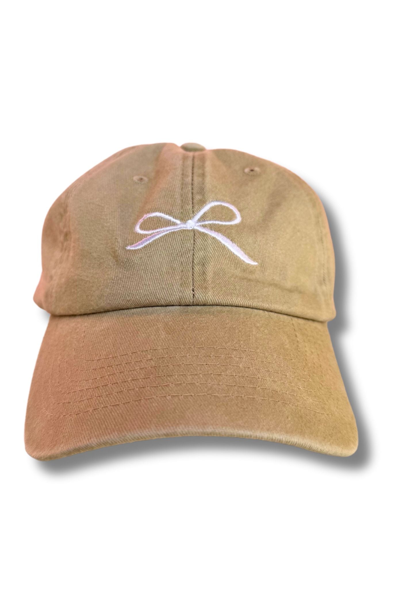 Beige Washed Ribbon Bow Embroidered Hat