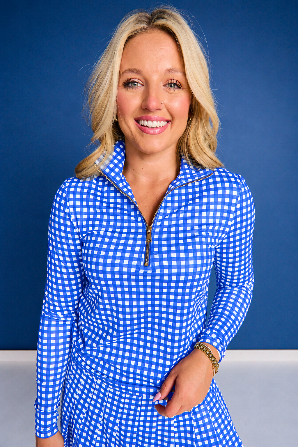 SSYS Long Sleeve Quarter Zip Top In Royal Gingham