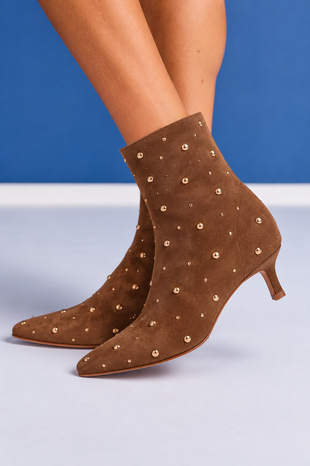 Vintage Havana Brown Kitten Heel Booties with Silver Studs