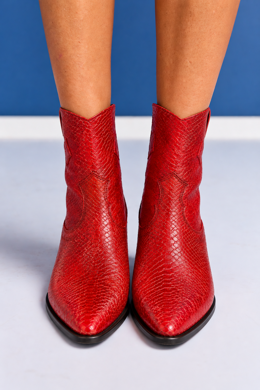 Red Faux Leather Scale Animal Heeled Booties