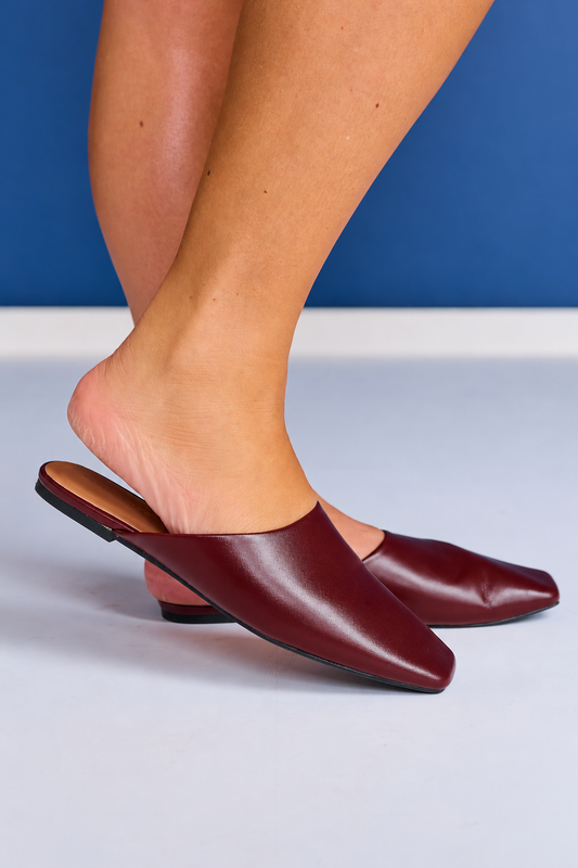 Burgundy Leather Square Toe Mule Flats