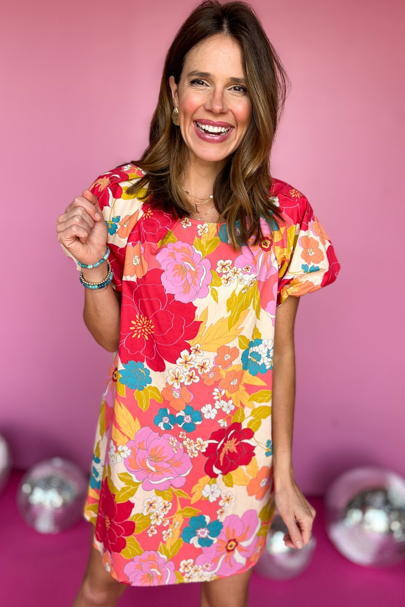 Coral Multi Floral Print Poplin Short Puff Sleeve Dress SSYS Coral Multi Floral Print Poplin Short Puff Sleeve Dress SSYS