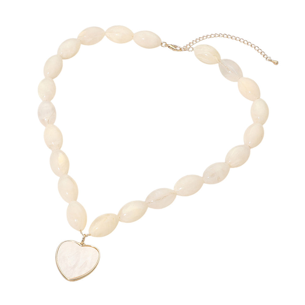 Ivory Beaded Necklace With Ivory Heart Pendant