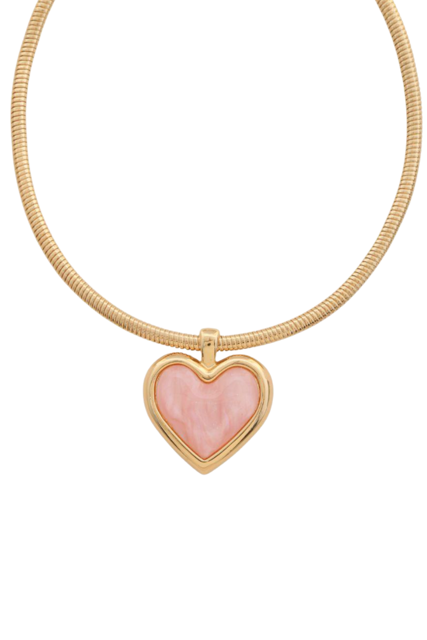Pink Stone Heart Charm Gold Herringbone Necklace