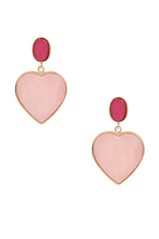 Pink Contrast Heart Stone Dangle Earrings
