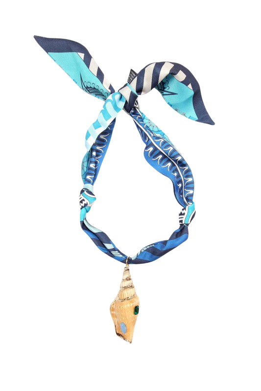 White and Blue Silk Scarf Gold Jewel Seashell Charm Necklace