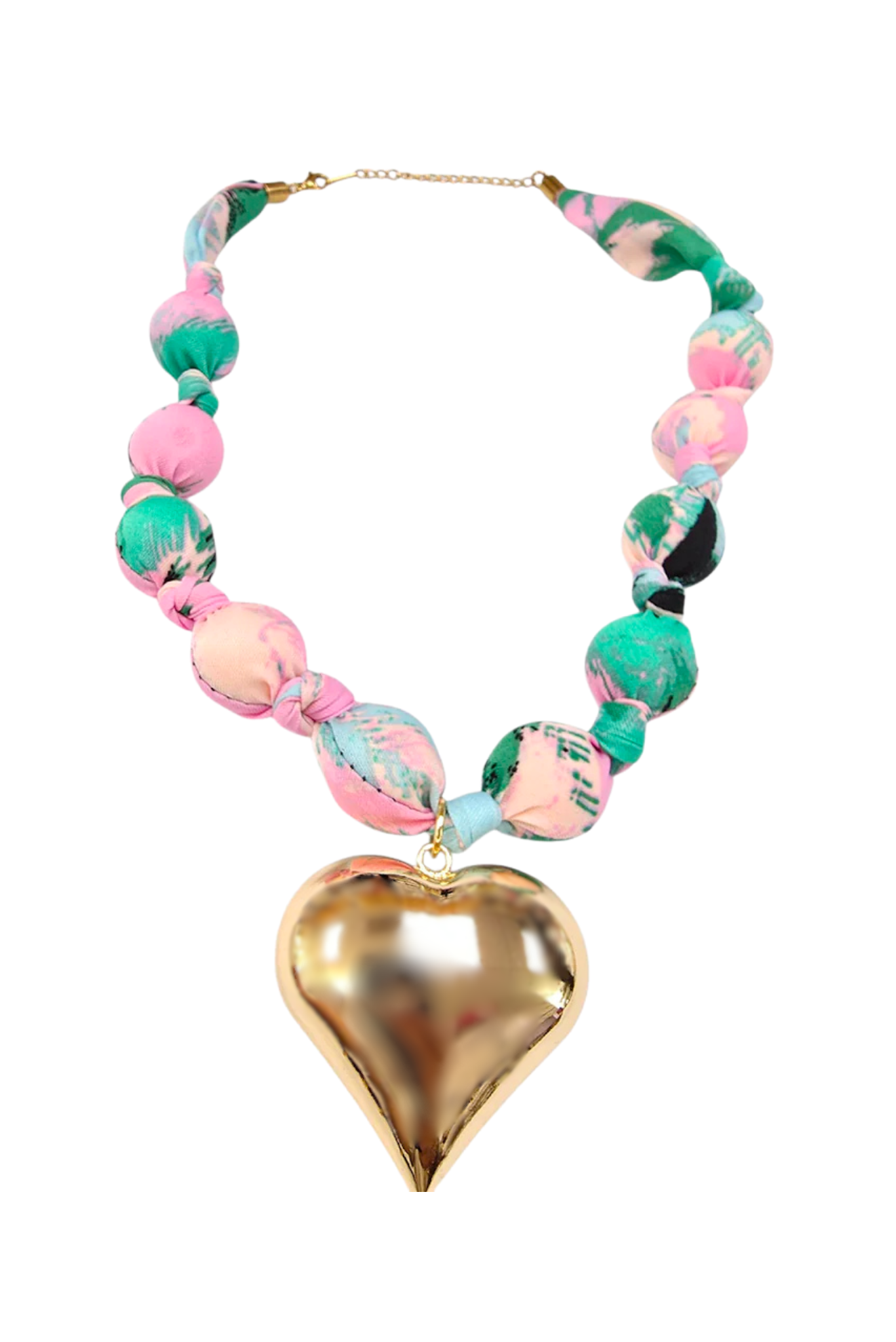 Pink Tropical Beaded Knot Gold Puffy Heart Charm Necklace