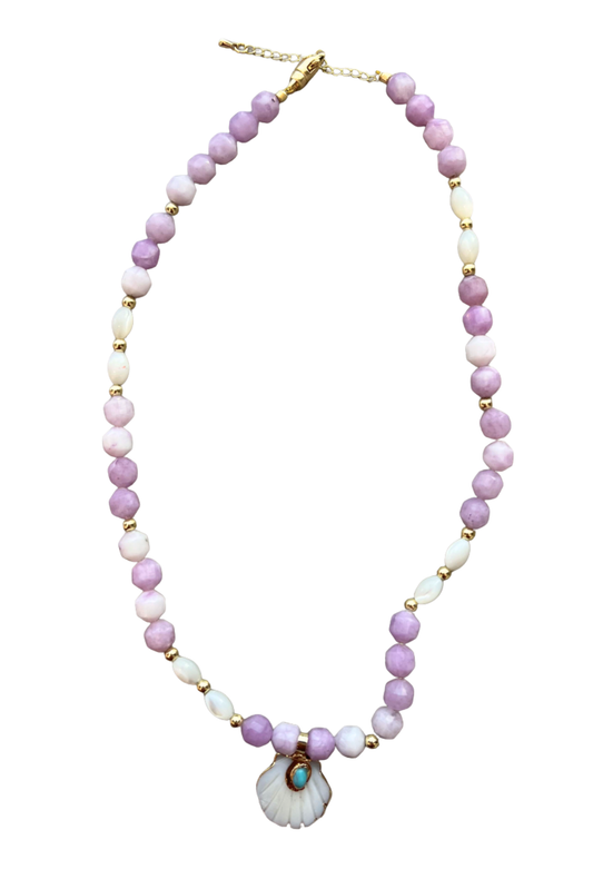 Purple Amethyst Stone Beaded Seashell Charm Necklace