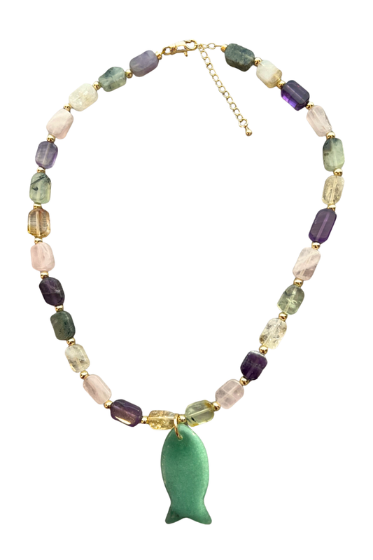 Purple and Green Mix Gemstone Beaded Jade Fish Charm Necklace