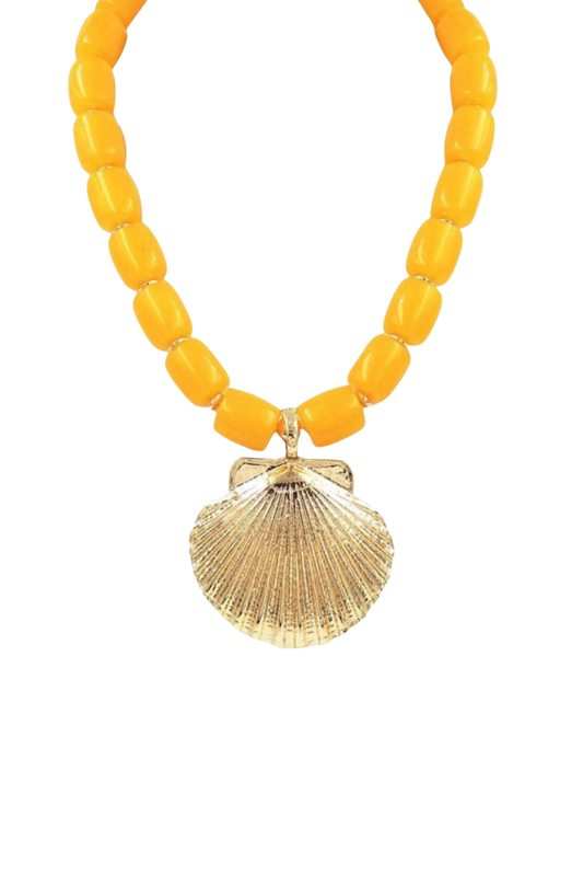 Yellow Stone Beaded Gold Seashell Pendant Necklace