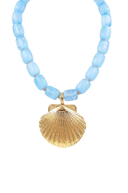 Blue Stone Beaded Gold Seashell Pendant Necklace