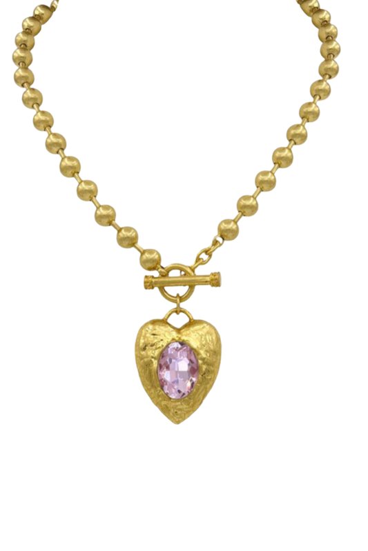Gold Heart Pink Jewel Stone Pendant Beaded Necklace