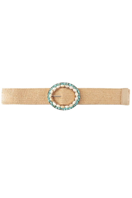 Tan Raffia Stone Embellished Buckle Belt