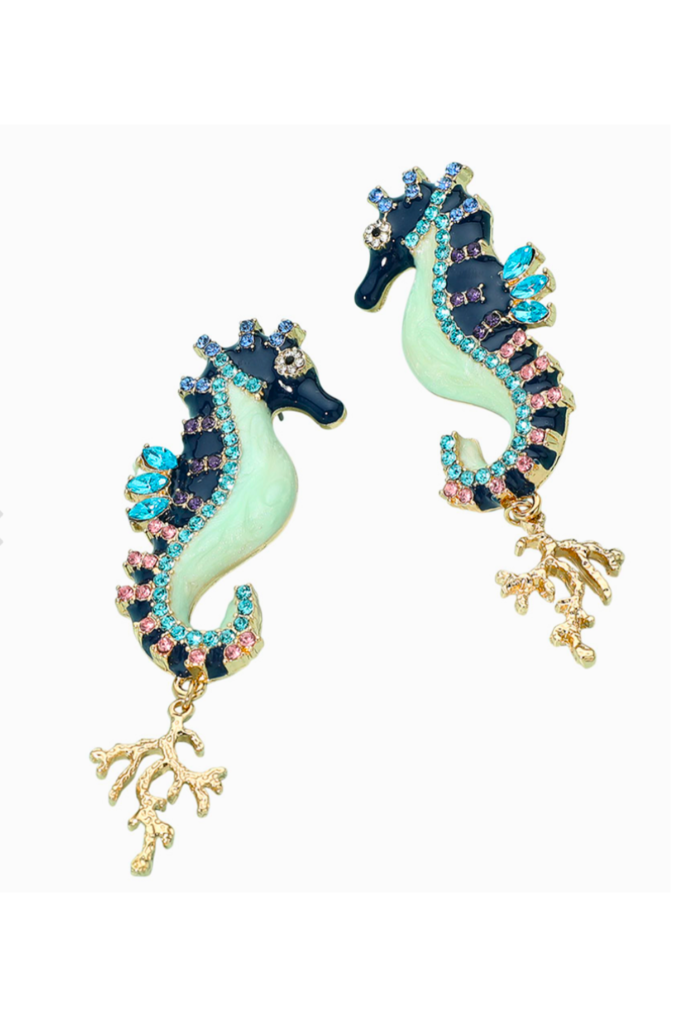 Gold Coral Enamel Rhinestone Blue Seahorse Earrings