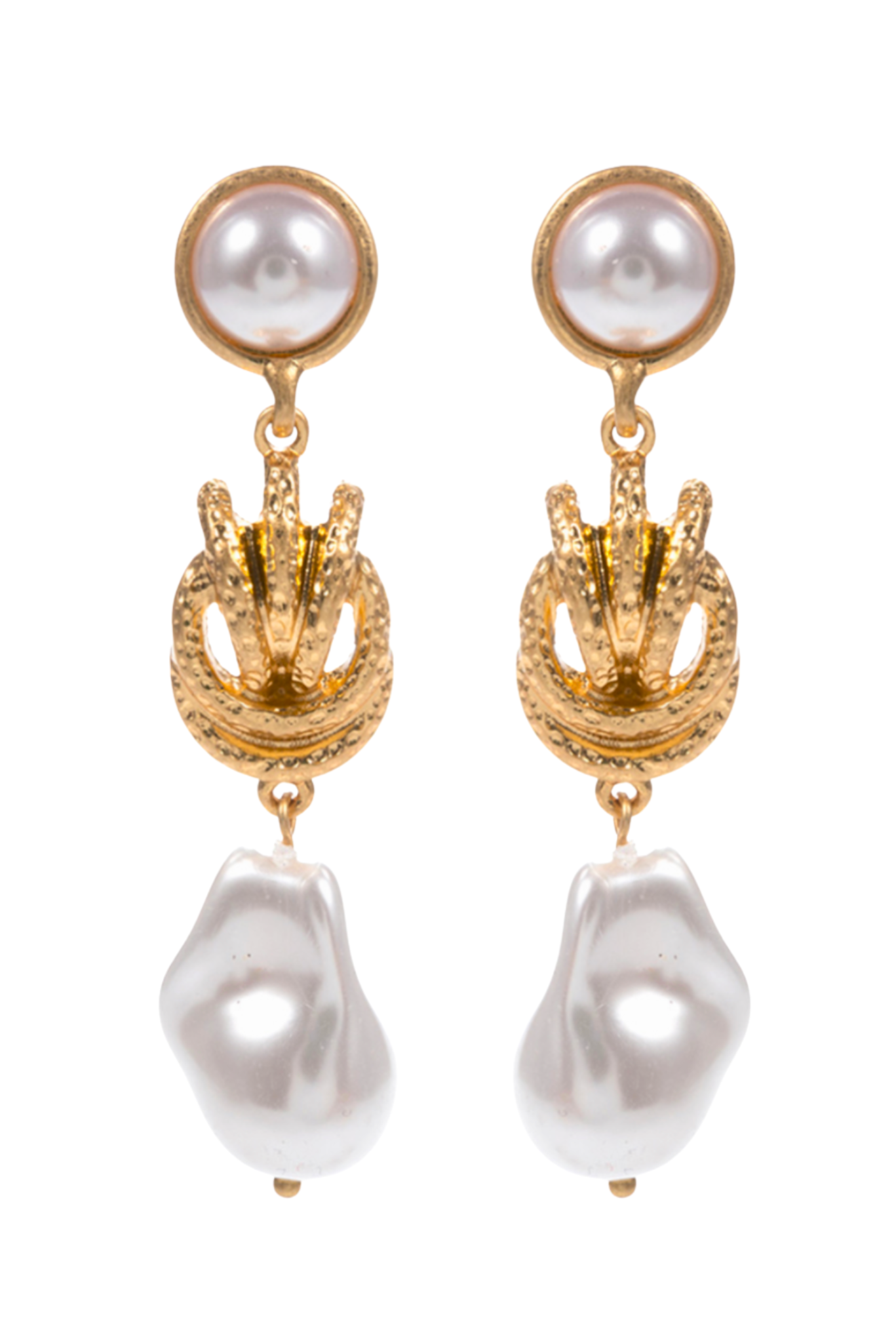 Gold Knot Pearl Link Drop Earrings