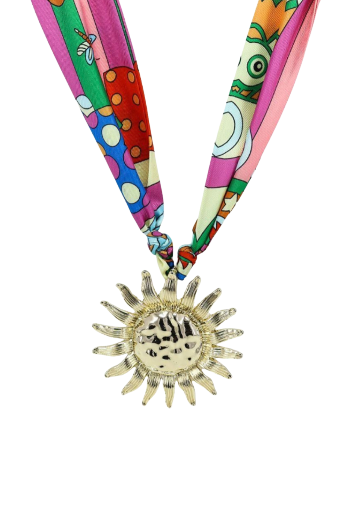Multi Printed Scarf Gold Sun Pendant Necklace
