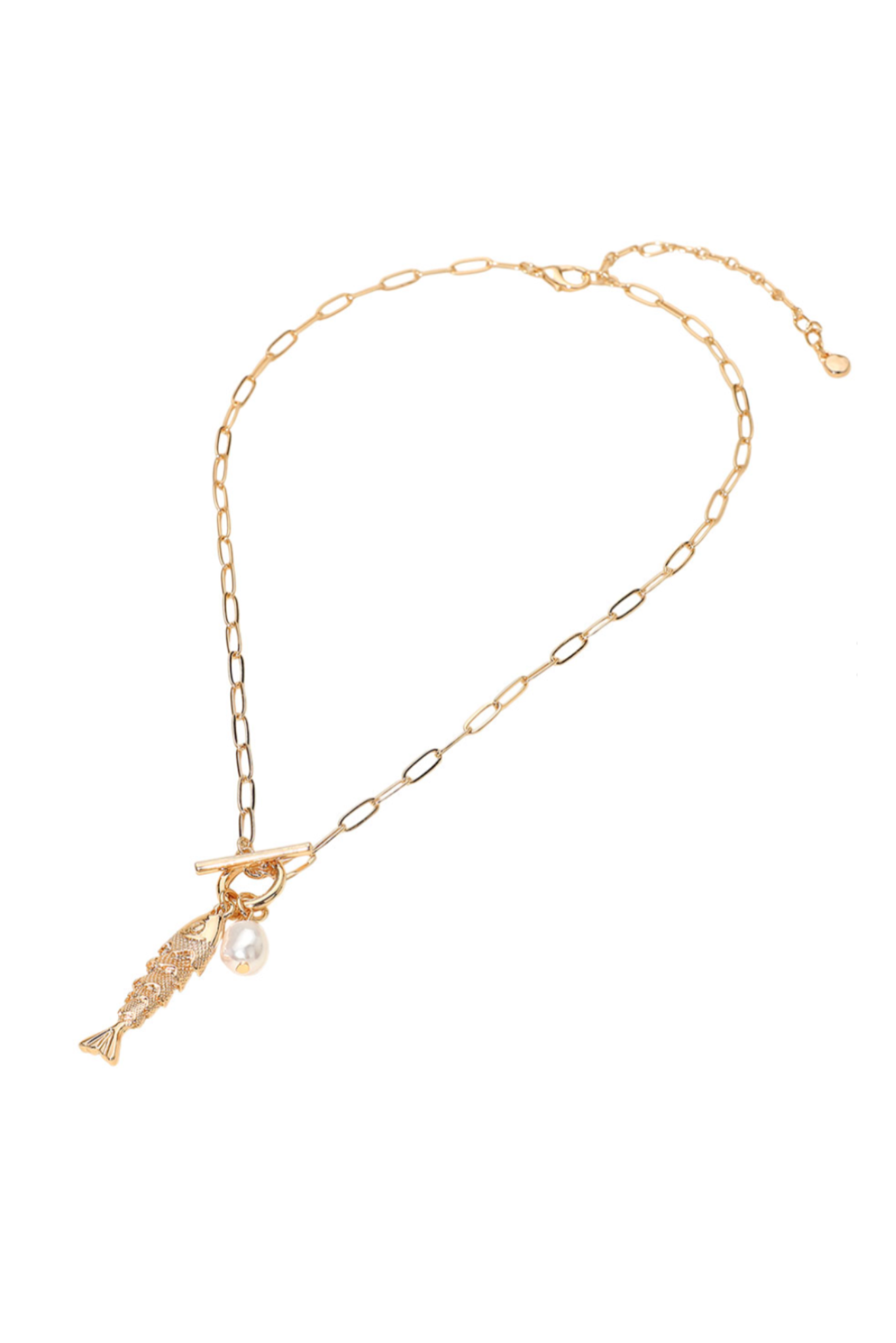 Gold Fish Pearl Charm Link Necklace