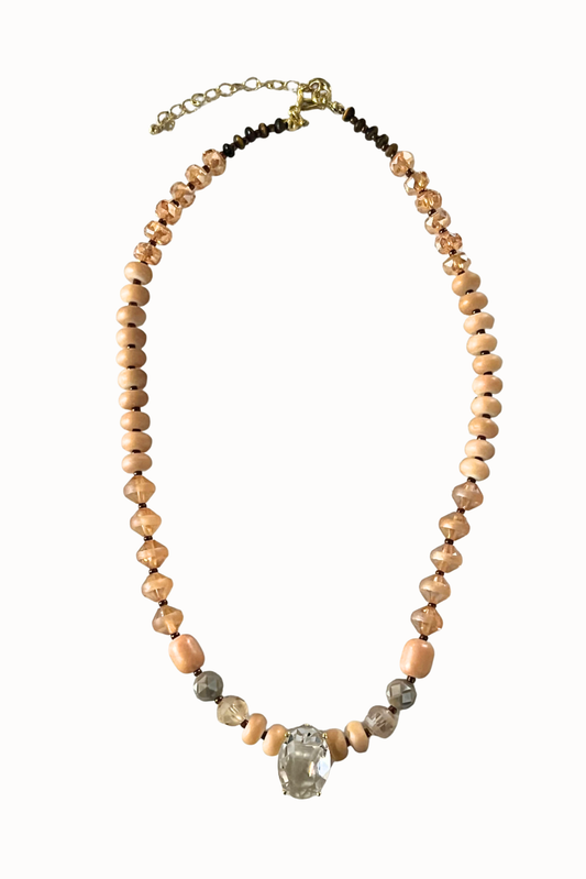 Tan Crystal Pendant Mixed Texture Beaded Necklace