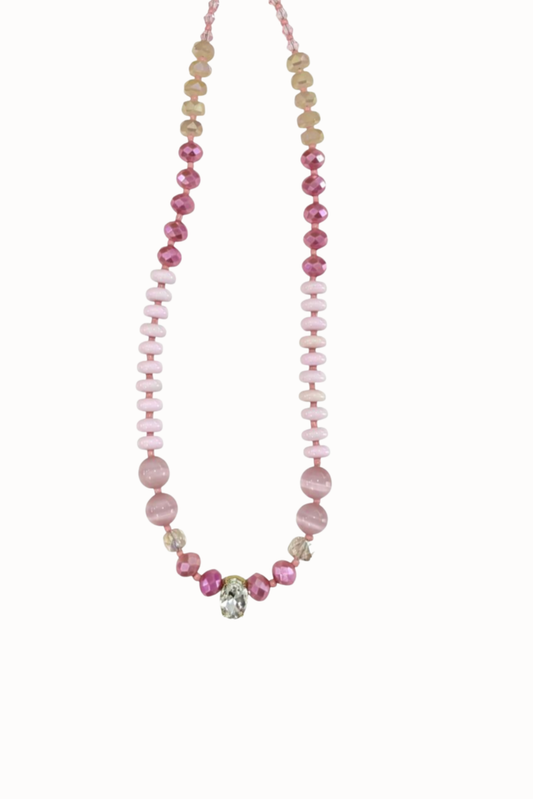 Pink Crystal Pendant Mixed Texture Beaded Necklace