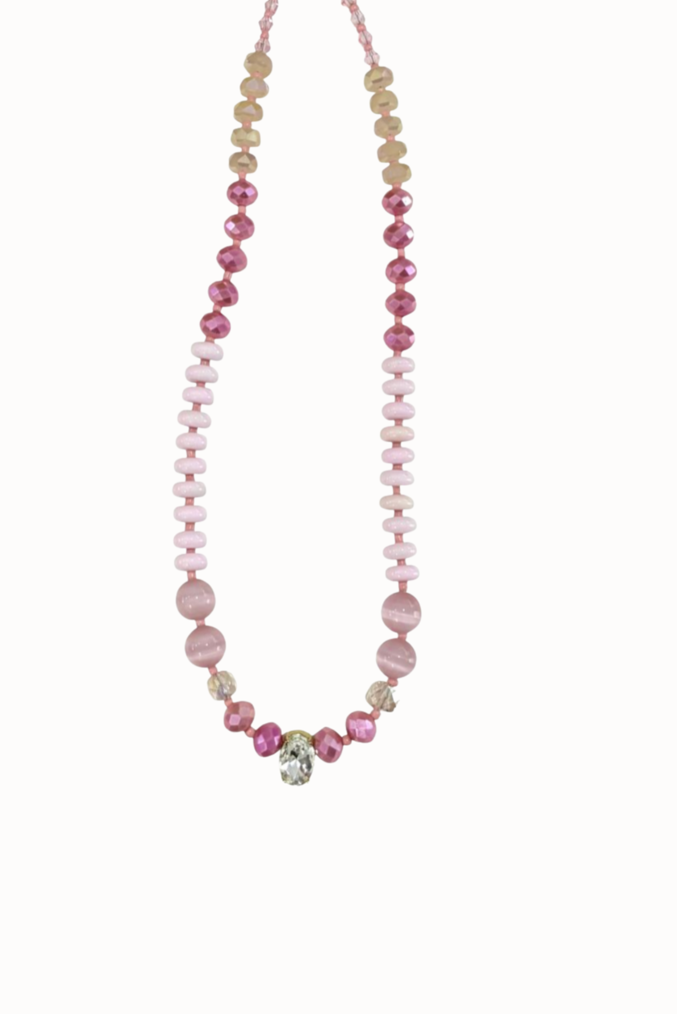 Pink Crystal Pendant Mixed Texture Beaded Necklace