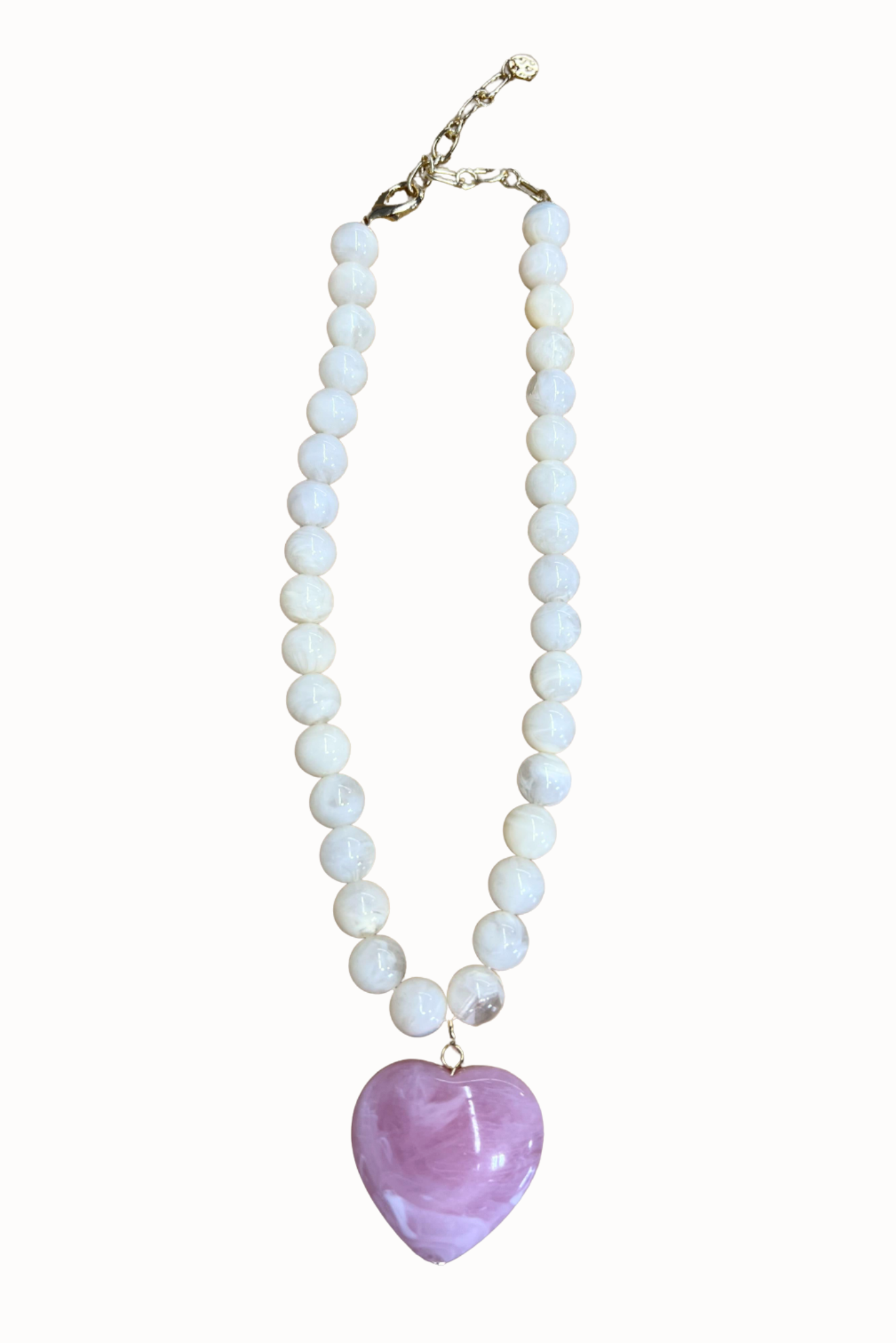 Ivory Resin Beaded Pink Heart Charm Necklace