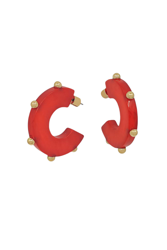 Red Resin Gold Ball Embellished Hoop Earrings