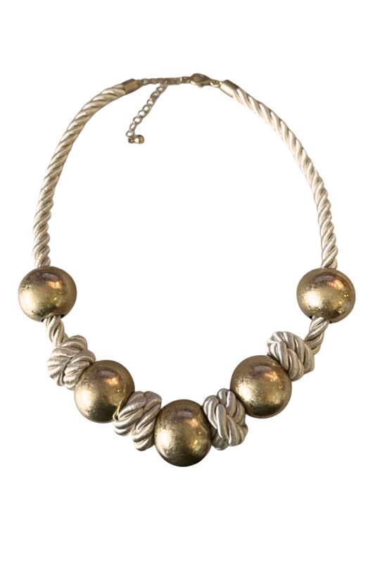 Ivory Knotted Rope Cord Vintage Gold Ball Inset Necklace