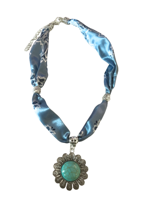 Blue Bandana Turquoise Stone Sunflower Charm Necklace