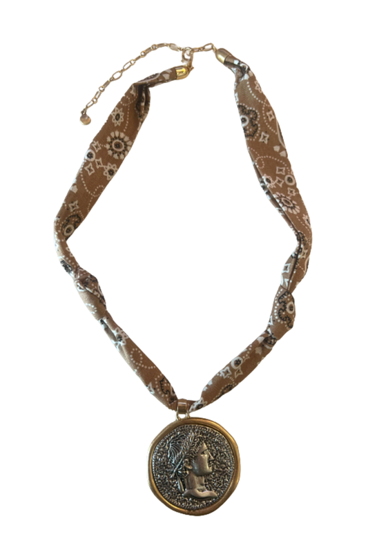 Light Brown Bandana Two Tone Coin Charm Necklace