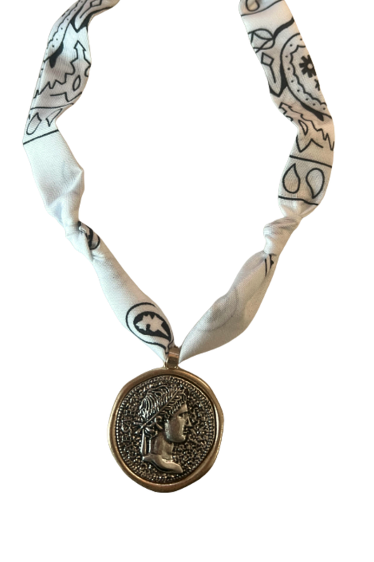 White Bandana Two Tone Coin Charm Necklace