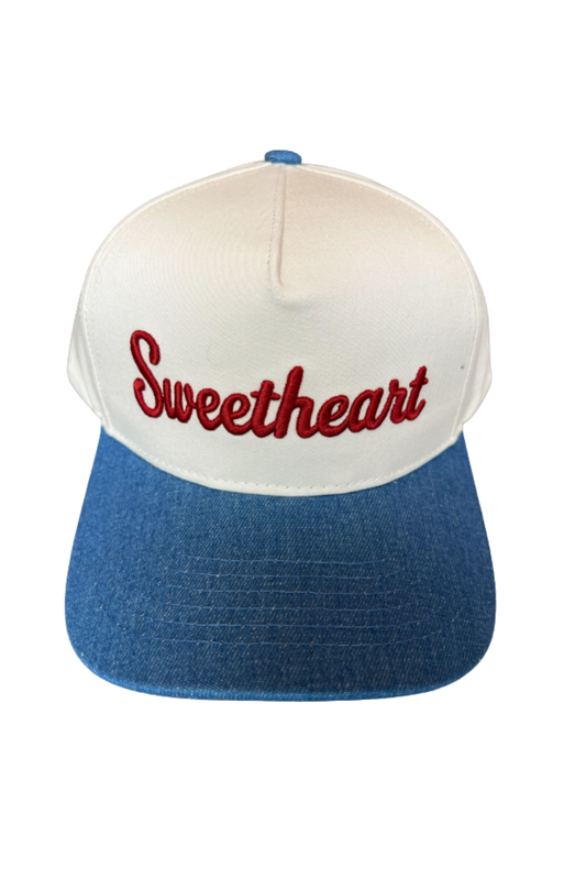 Red Sweetheart Embroidered Blue Denim Contrast Brim Hat