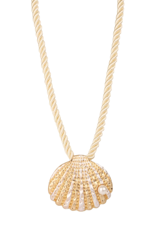 Ivory Rope Cord Gold and Silver Pearl Seashell Charm Necklace