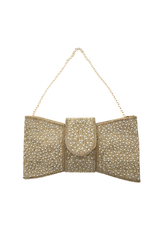 Gold Rhinestone Bow Clutch Bag