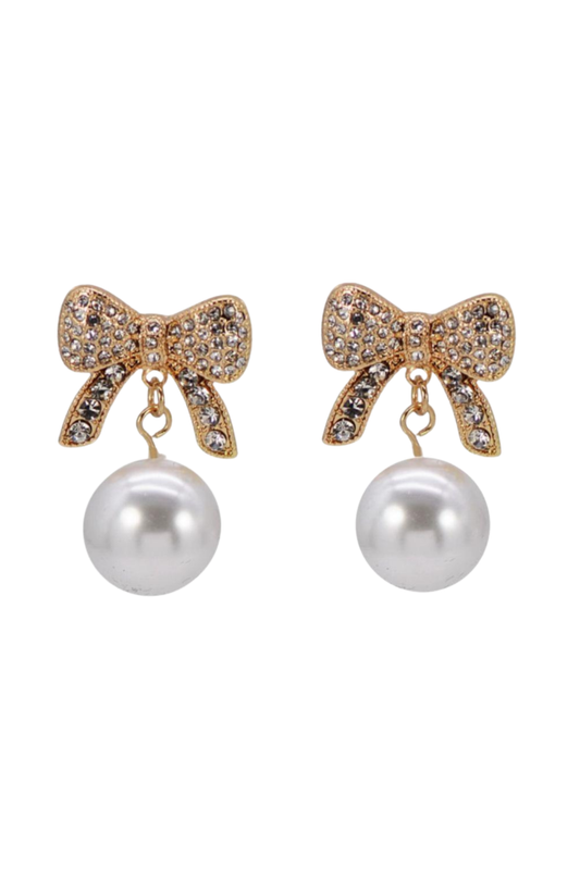 Gold Rhinestone Bow Pearl Dangle Earrings