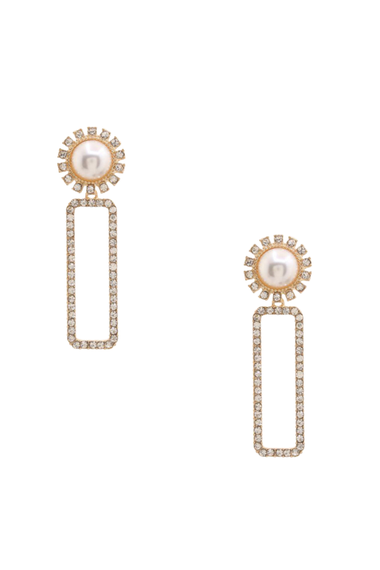 Gold Pearl Rhinestone Rectangle Earrings