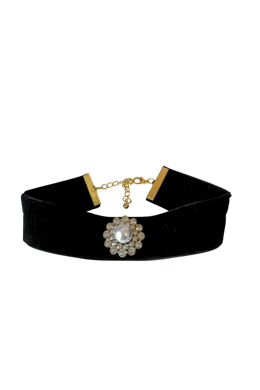 Black Velvet Pearl and Rhinestone Collar Choker Necklace