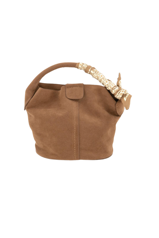 Suede Scarf Bucket Bag in Tan