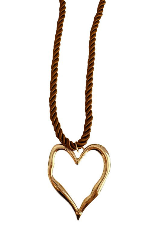 Brown Rope Gold Heart Pendant Necklace