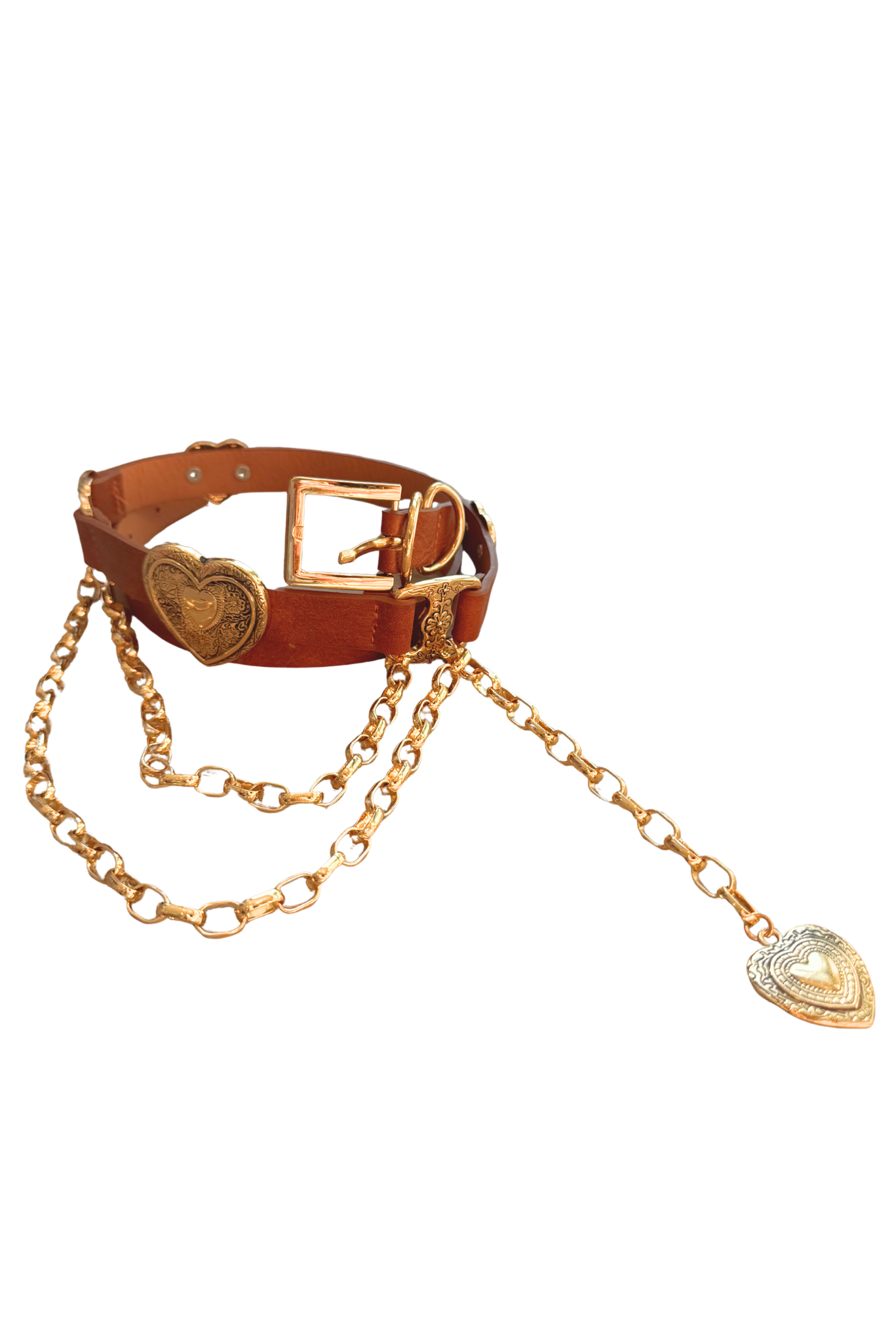 Brown Heart Concho Linked Chain Drape Belt